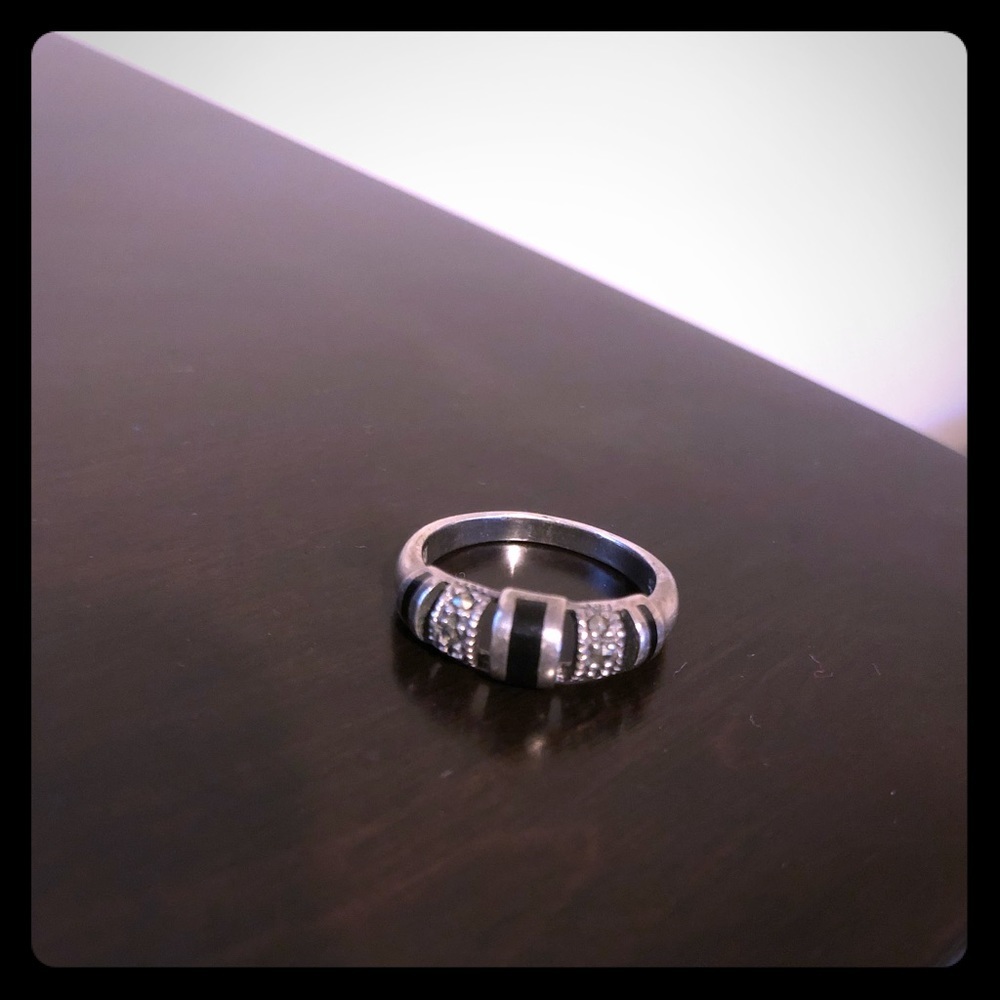 925 Sterling Silver Onyx & Marcasite Band Ring | Vintage Statement Ring | Size 6 - Picture 3 of 6